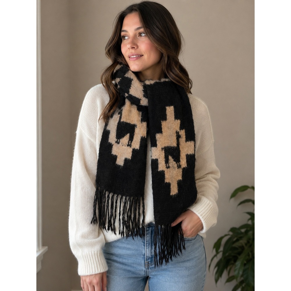 Artesanias Pachamama Scarf Women Black Tan Alpaca Llama Geometric Handmade Warm